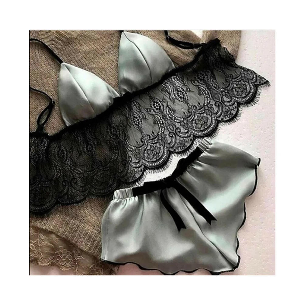 Summer Breathable Leisure Wear for Women Elastic Lace Satin Vest Top and Knitted Shorts Pajamas Sexy Two Piece Sleepwear Sets
