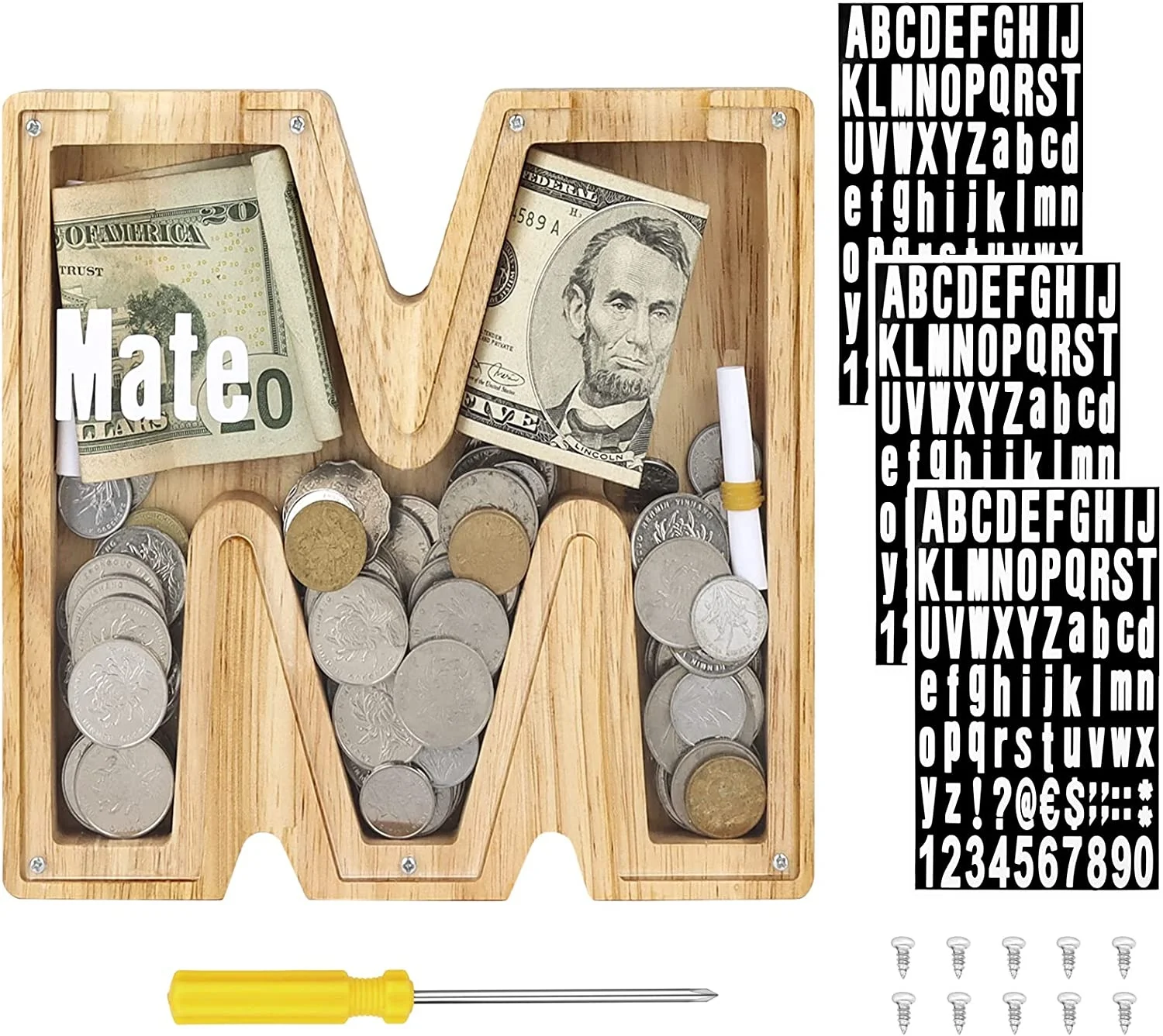 Kids Letter Piggy Bank Wooden Personalized Piggy Bank Toy Piggy Banks for Children Kids Banks Boys with Sticker and Screws Kit