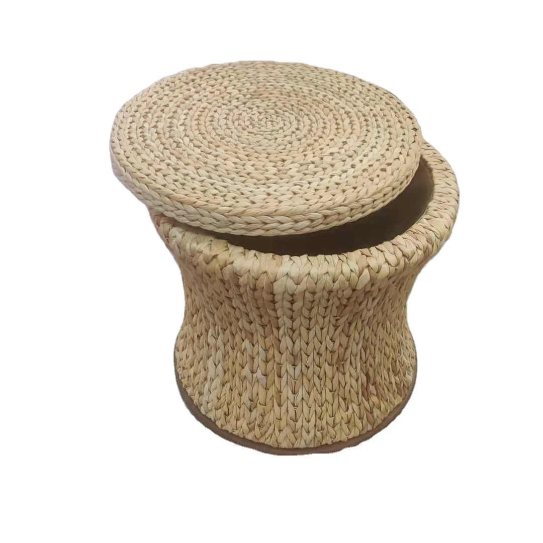 Natural Rush Grass Woven Straw Household Storage Ottoman Box Eco-friendly Hand-woven Grass Rattan Stool