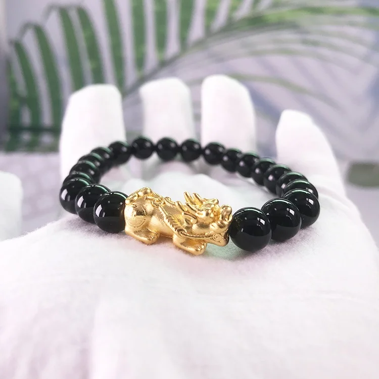 Firstmadam 24K Pure Gold 3D Hard Gold 2g Piyao Pixiu 8mm Beads Lucky Charms DIY Bracelet