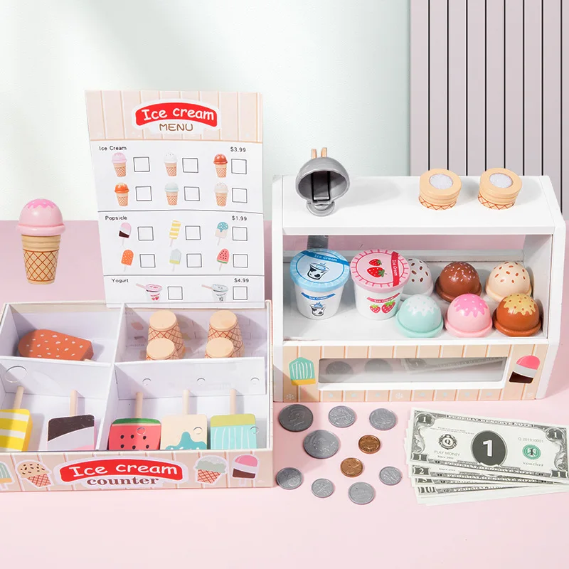 Ice Cream Counter play set for Kids Montessori Pretend Play Food Toys Kitchen Wooden Popsicle Set with Scoop & Cash Ice Cream