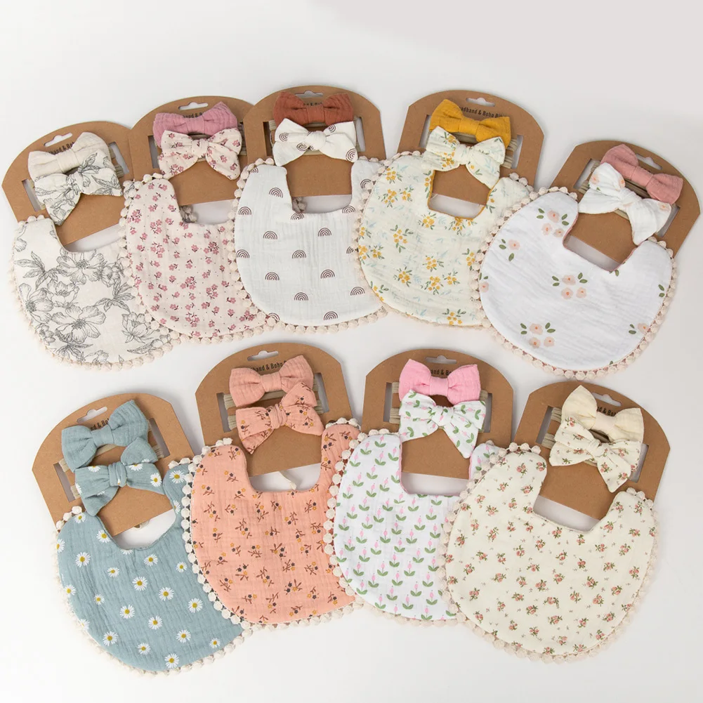 Wholesale Newborn Printed Saliva Towel 2-Layer Gauze Infant Cotton Bib Baby Bow Headband Sets
