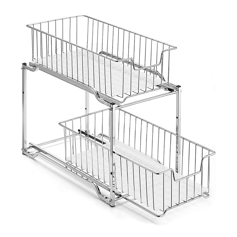 2 Tier Under Sink Storage Stable Basket Organizer with Sliding Storage Drawer for Kitchen Bathroom Pantry Cabinet