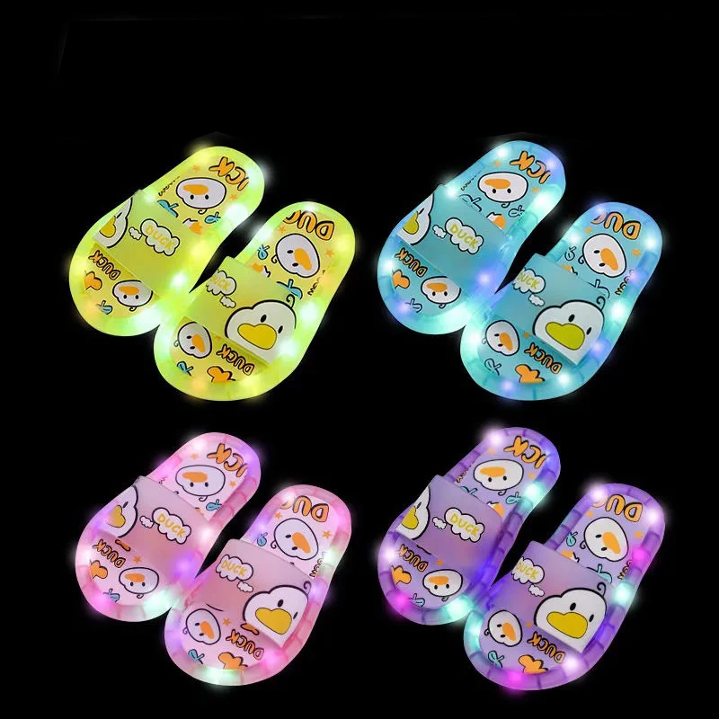Boys Girls Toddlers Shower Fluorescent Slippers Cute Cartoon Night Glow Sandals Thick Sole Beach Pool Shoes Kids Duck Slides
