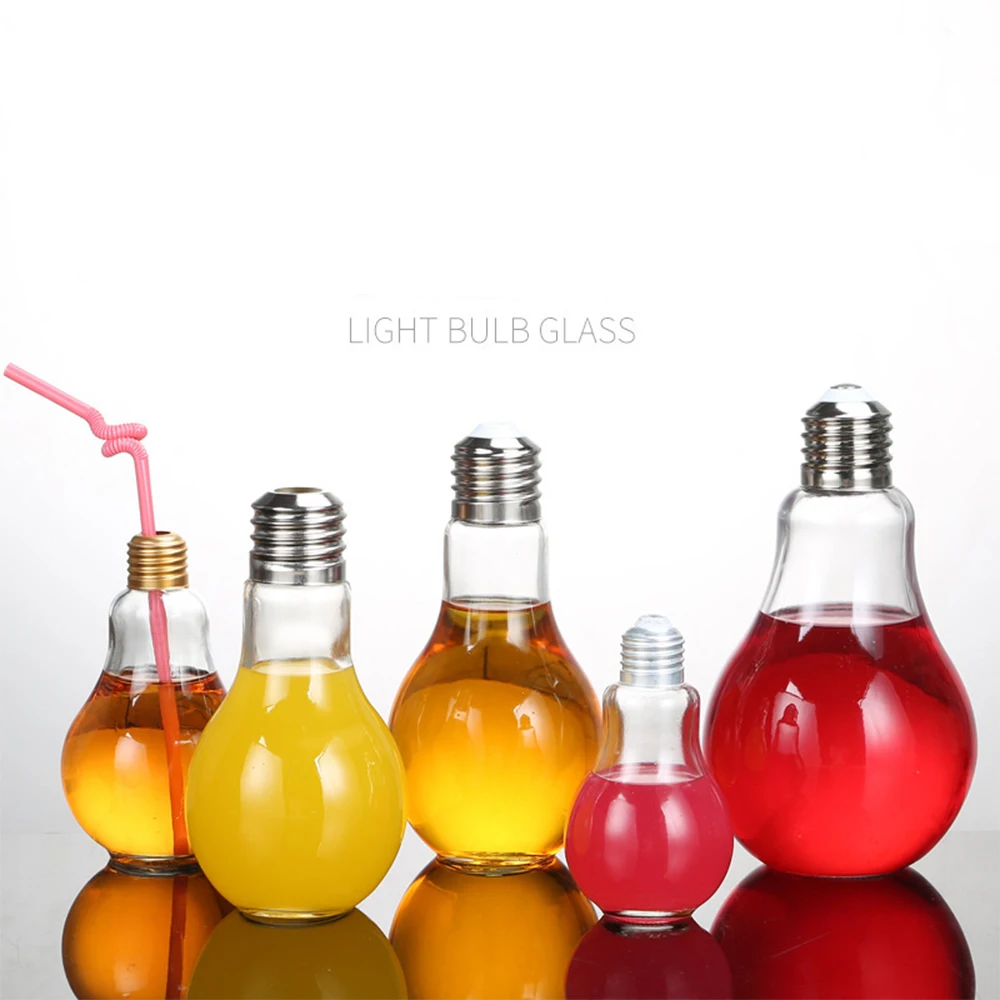 150ml 200ml 250ml 300ml 350ml 400/500ml 800ml Glass Beverage Fruit Juice Light Lamp Bulb Shape Bottle with Cap for Beverage milk