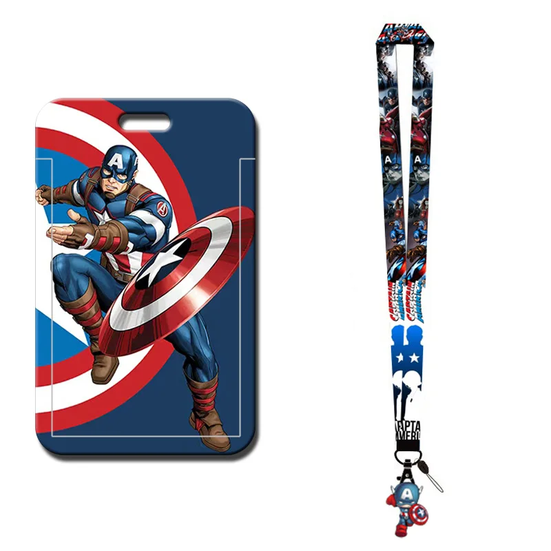 Campus Student Boys Gifts Marvel Lovely Cartoon Captain America Card Holder Portable Hard Plastic Card Cover Case Lanyard Set