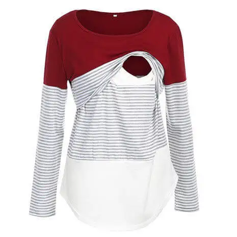 Custom Mom Maternity Breastfeeding Stripe Splice Long Sleeve Cotton Color Block Round Neck Tee Shirt For Pregnant Nursing Women