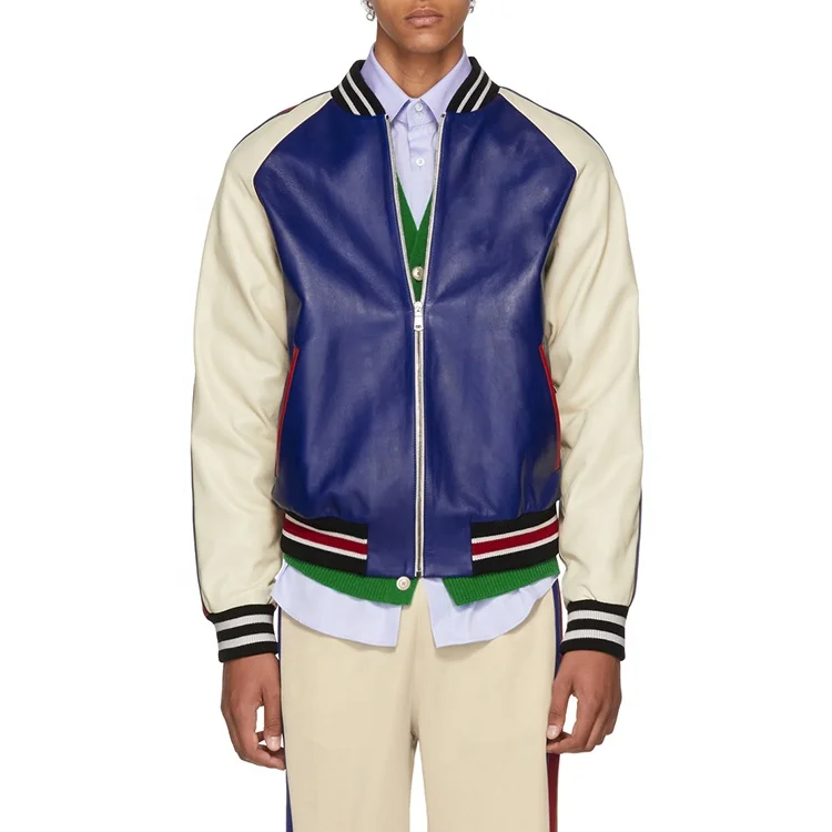 High quality fashion design custom blue & beige leather bomber jacket men