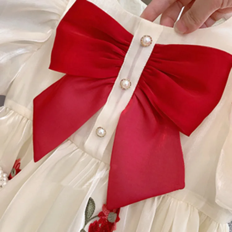 2-6 years children clothes red bow puff short sleeves girls floral embroidered flowers sweet princess girls dress for summer