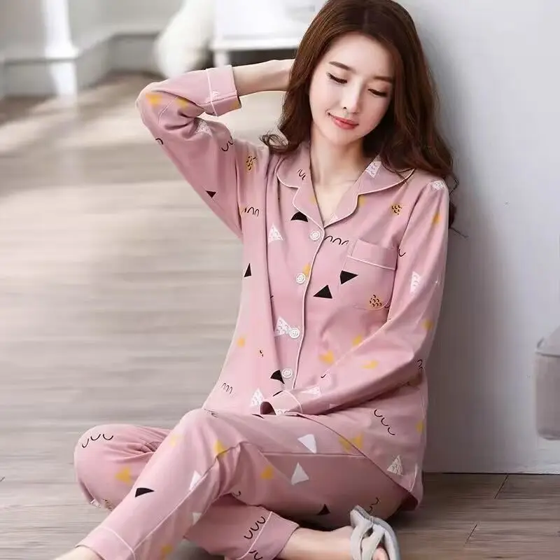 Double Sided 100% Cotton Women Sleepwear Spring Autumn Long Sleeve Pocketed Home Clothing Plus Size Lady Casual Pajamas