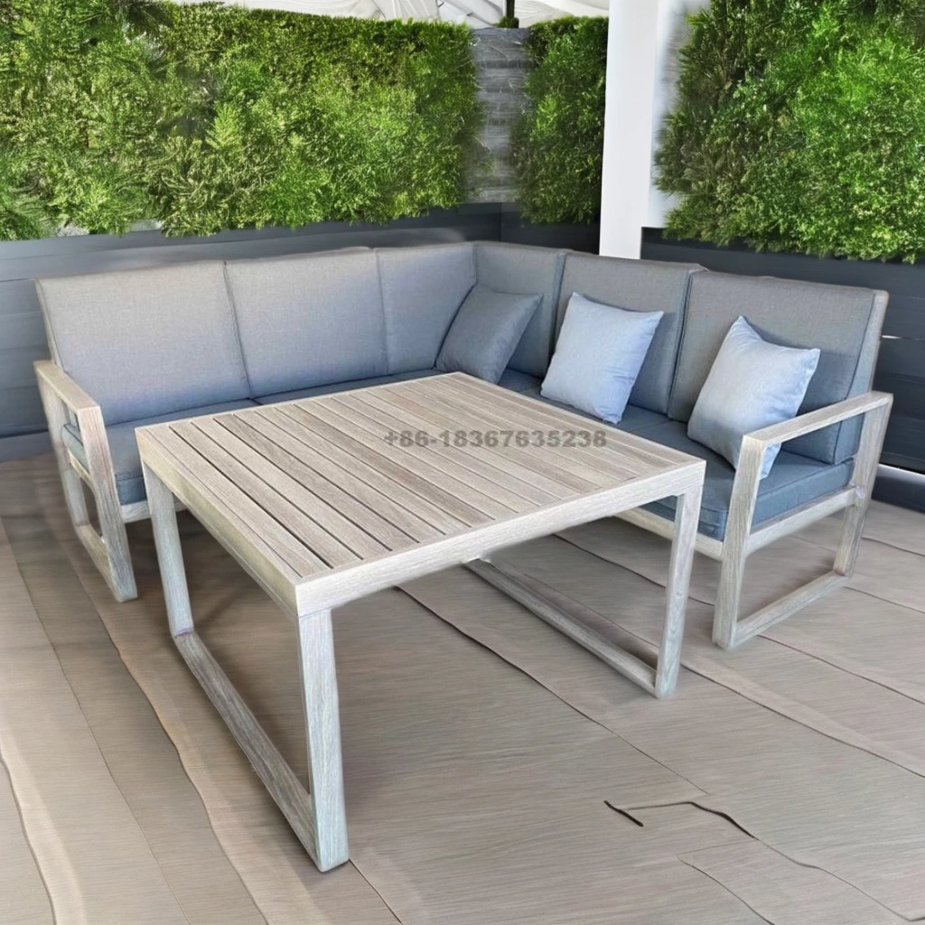 Modern Modular Outdoor Garden Furniture Set Aluminum Square Table Heat Transfer Printing Wood Finish Dining Sofa Sectional