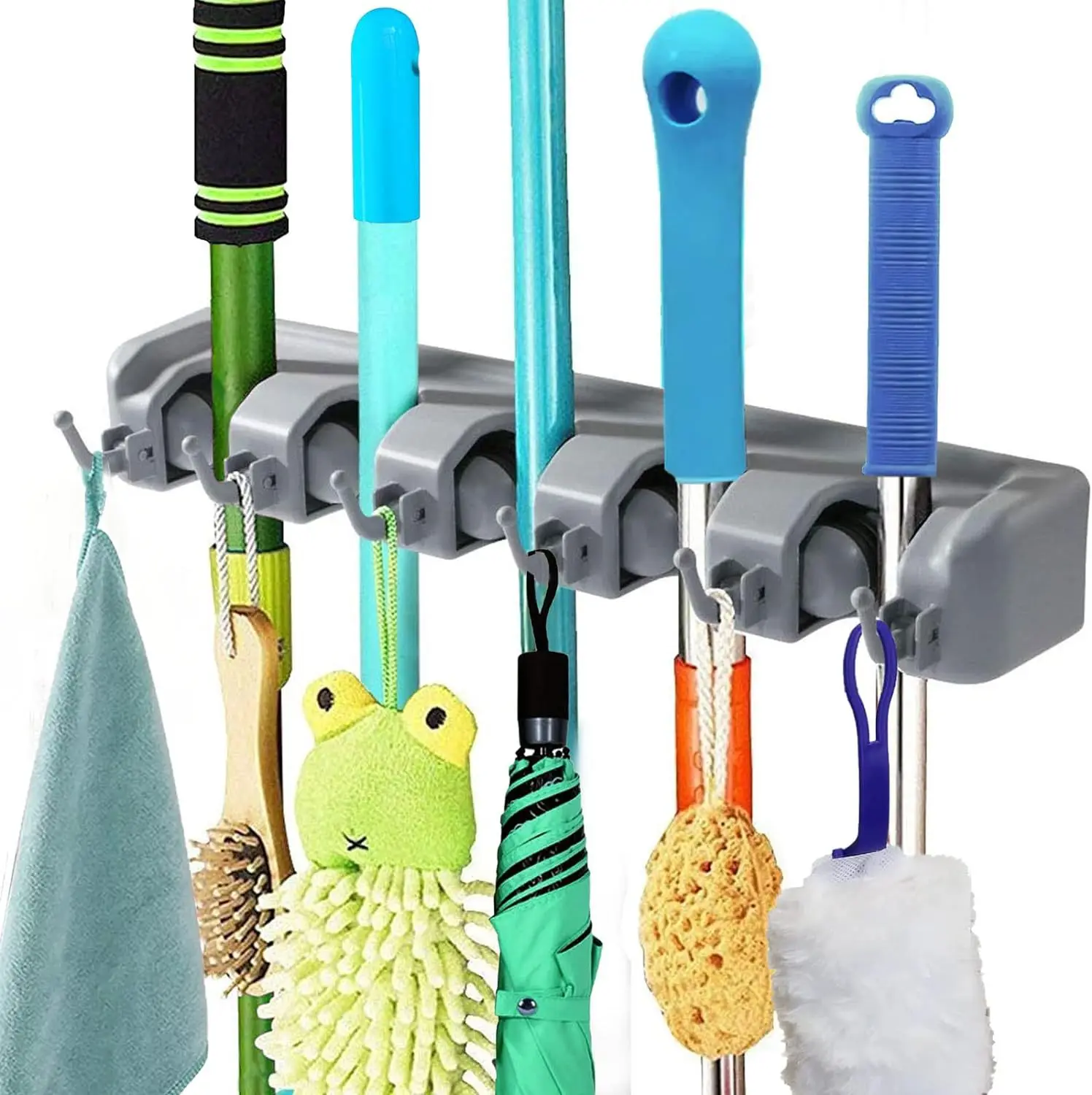 Broom Holder Garden Tool Organizer with Hooks and Slots Laundry Room Kitchen Shed Garage Storage Rack Rake Shovel Mop Hanger