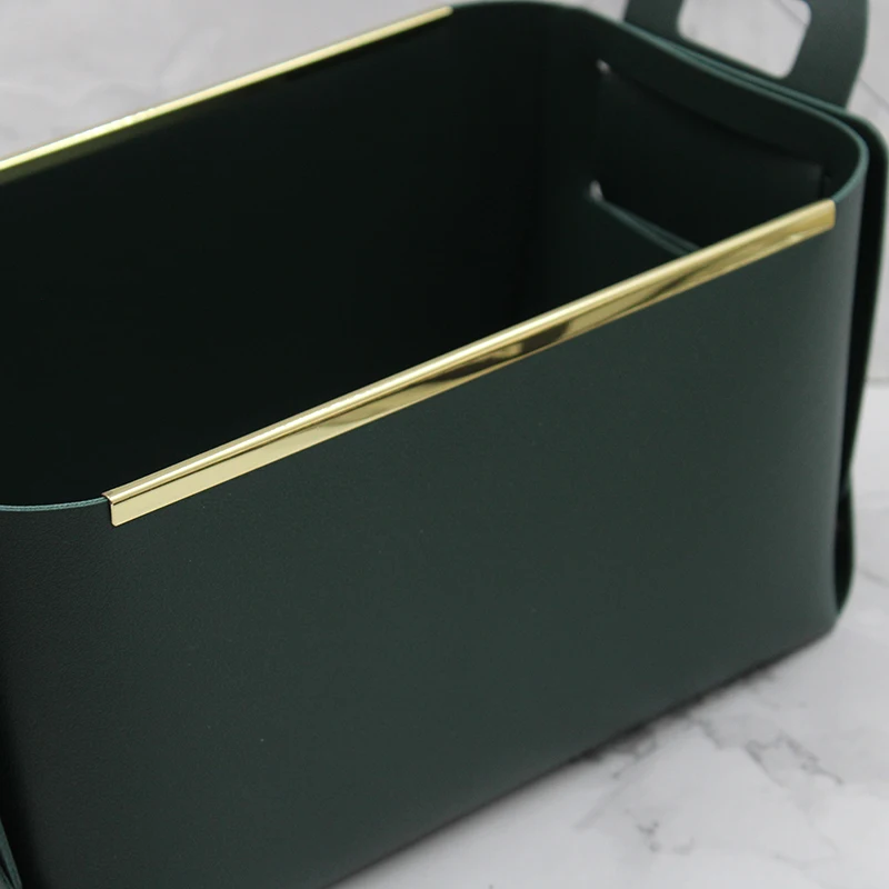 Wholesale New Design PU Leather Home Organizer Foldable Desktop Basket Cosmetics Bag with Handle Decoration