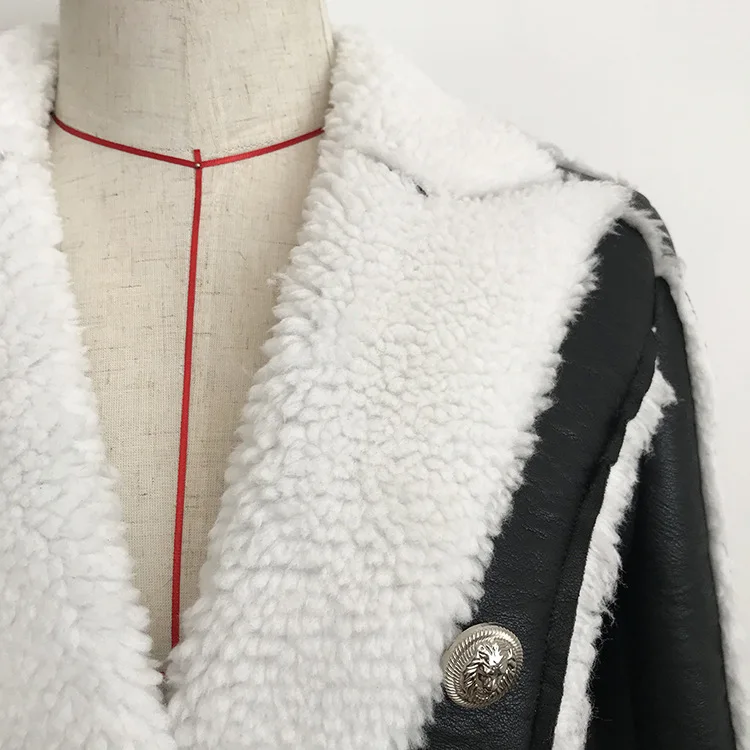 Custom womens clothing fur lapel contrast PU warm winter jacket coat
