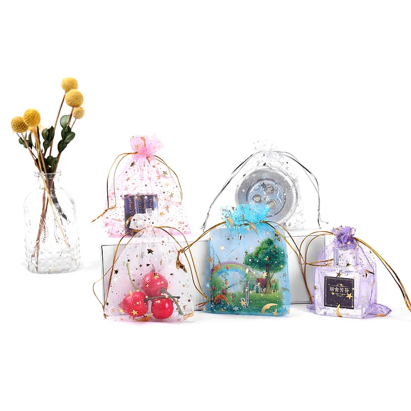 MIO Exquisite Organza Bag Gold Moon Stars Drawstring Gift Bag Present for Holiday Festival Kids Candy Gifts Storage Bags