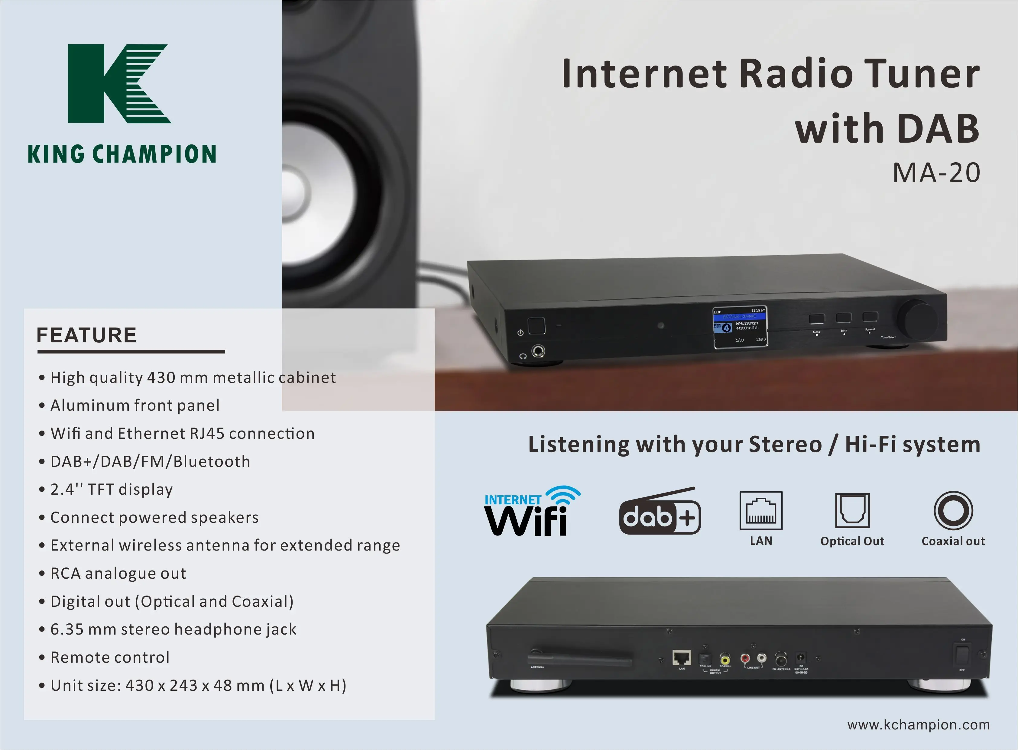 MA-20 WLAN/WiFi Internet radio tuner with DAB/DAB+/FM with RCA & optical out