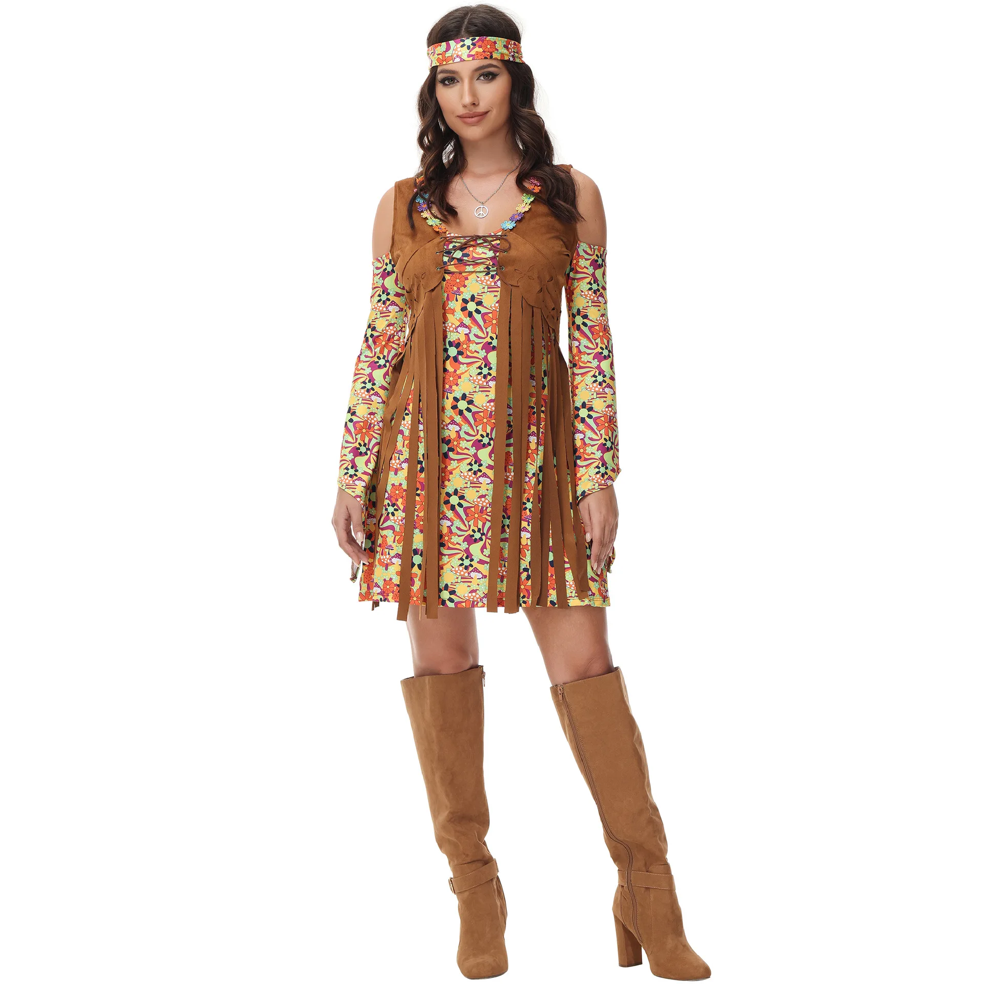 70s Women Hippie Costume Halloween Tribal Dance Dress Women Native Princess of Tribe Stage Performance Tassel Girl Costume