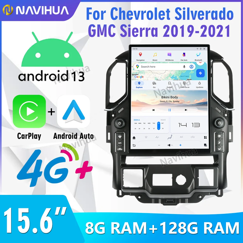 NaviHua 15.6 Inch Android Car Radio Screen For Chevrolet Silverado GMC Sierra 2019 2021 Automotive Navigation Carplay Head Unit