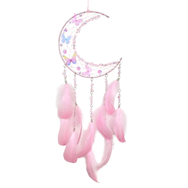 New Promotion Hot Style Handcrafted Macrame Crystal Indian Feather Dream Catcher Moon Butterfly
