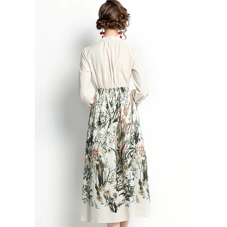 Elegant temperament pleated lace-up round neck printing long-sleeved lantern sleeves waist A-line long one-piece dress