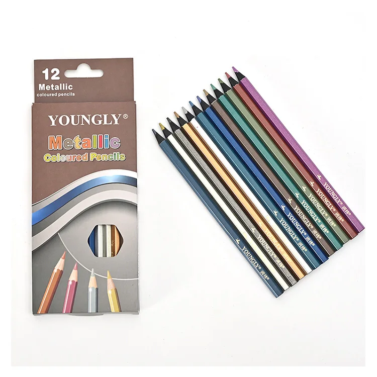 
Top Grade Colouring Pencil Paper Box Black Wood Artists 12 Metallic Colored Pencil 