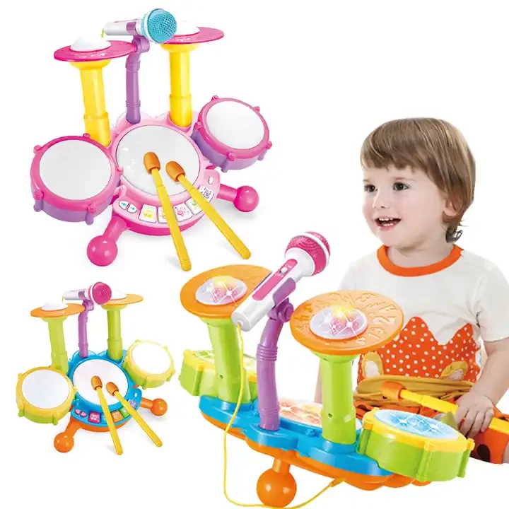 Multi-functional Toddler Kids Jazz Drum Toy Plastic Musical Instrument Electronic Organ Drum Set Music Toy With Microphone Light