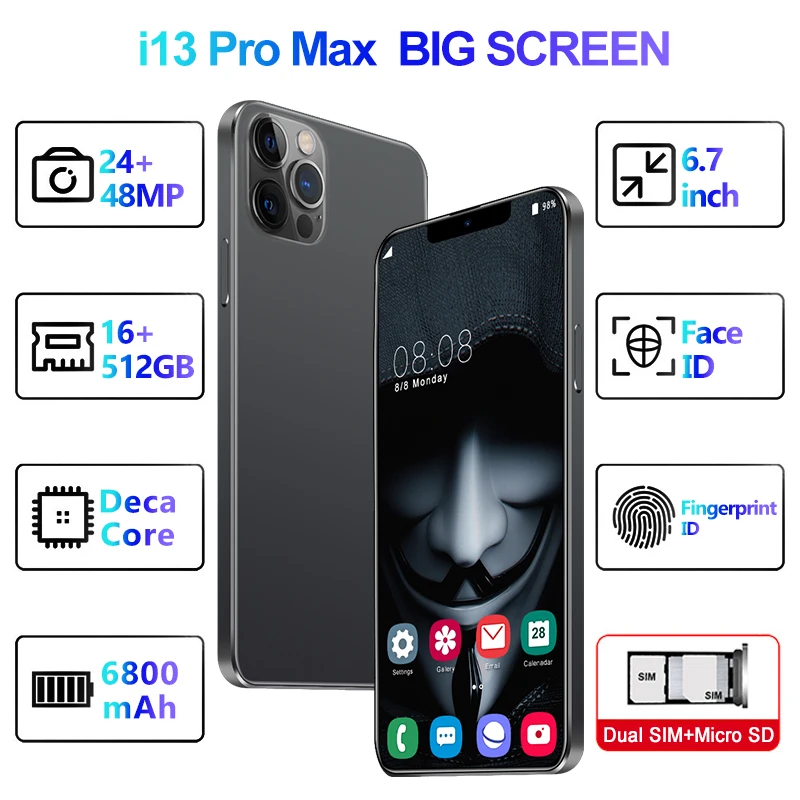 Смартфон I13 Pro Max 6 7 дюйма 16 + 512 ГБ