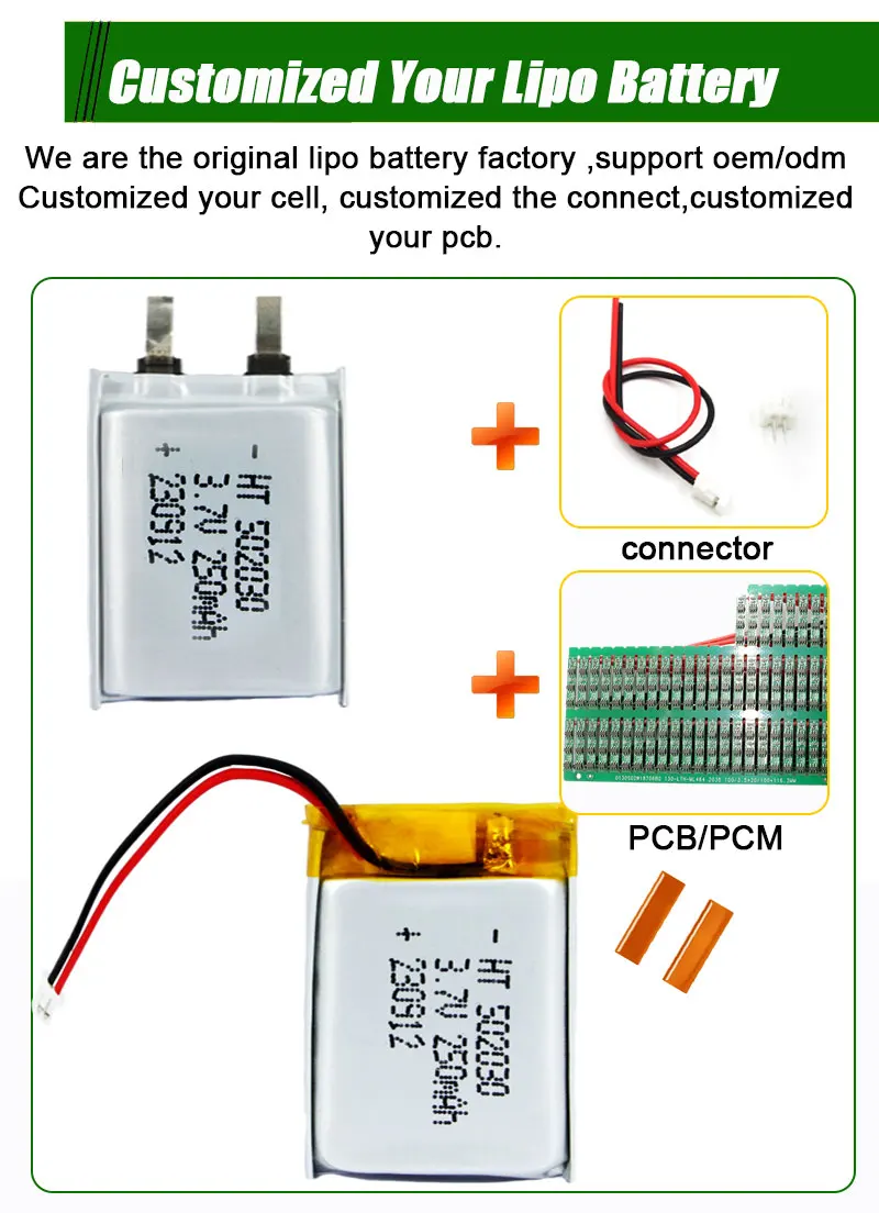 OEM Customized Lithium Polymer Battery 3.7v 250mAh 502030 Rechargeable Lithium ion Polymer Battery Pack