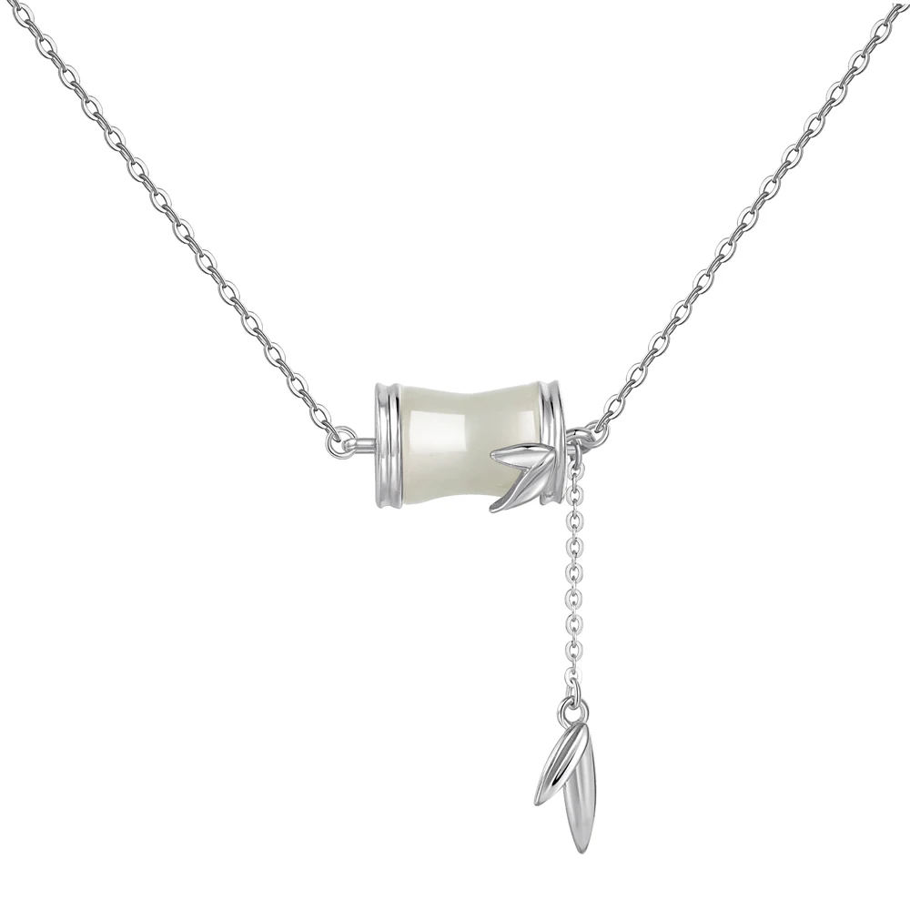 Dylam Chinese Style Elegant Design S925 Silver Rhodium 22K Gold Plated Link Chain Hetian Jade Bamboo Pendant Necklace for Women
