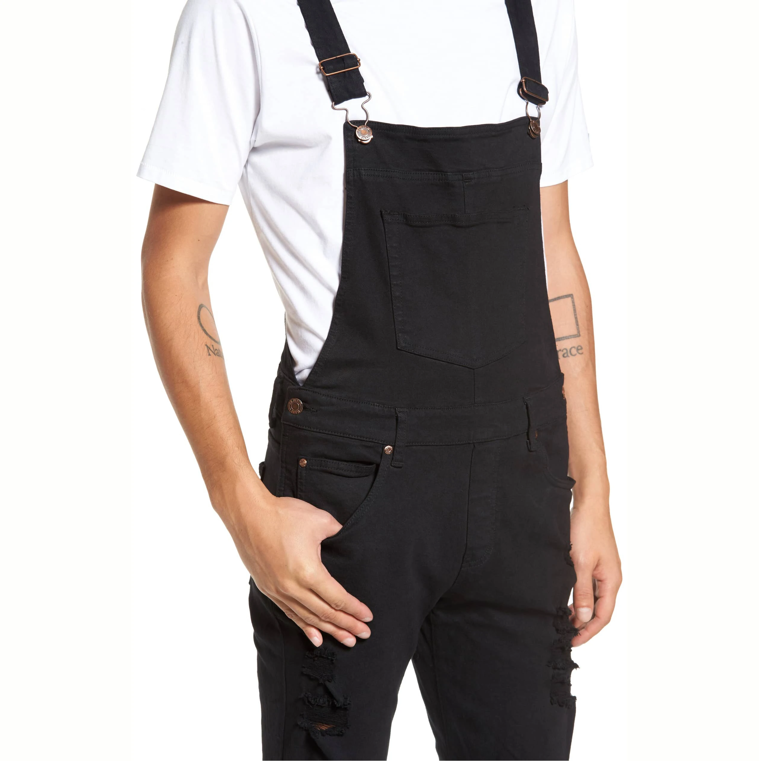 Men Black Overalls Denim European Utility Fashion Stretch Dungarees For Men Slim Ripped Bib Working Denim Overalls For Men