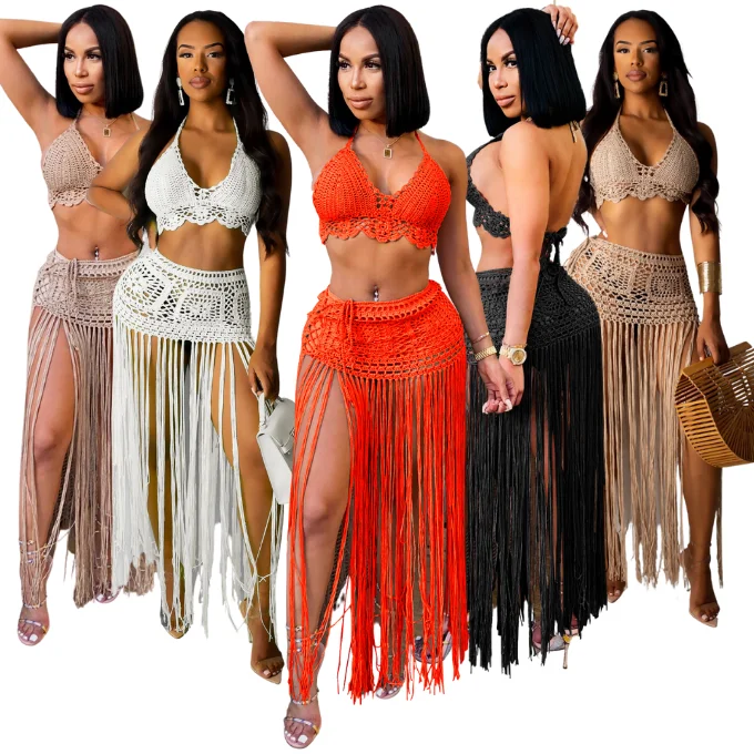 High Quality Wholesale Summer Woman Beach Cover Up Swimsuit With Long Fringe Skirt Crochet Beach Wear For Swimwear Women