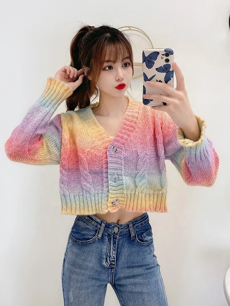 Spring autumn 2022 new korean rainbow colorful short crop women cardigan loose knit fancy ladies sweaters