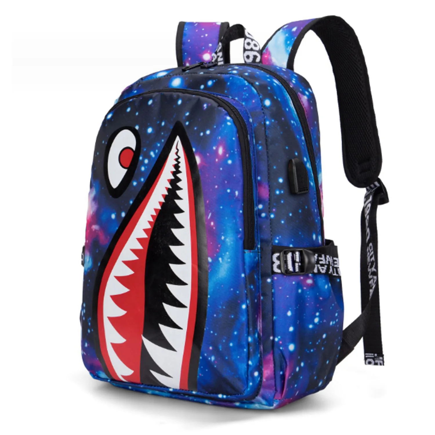 Unisex Custom Printed Oxford Shark Backpack with Zipper Closure and USB Port Personalized Polyester Lining for Students