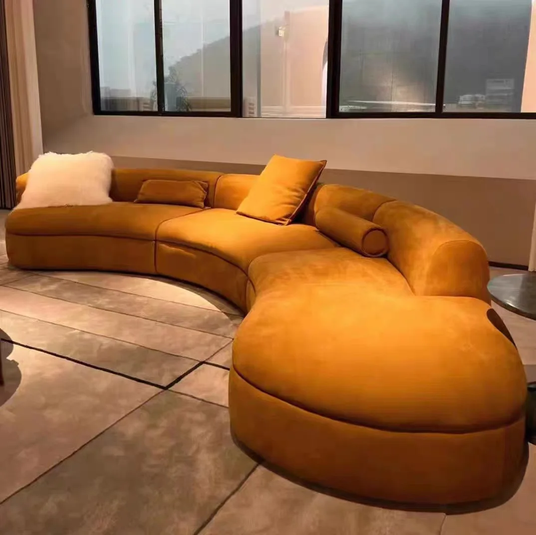 Moonlight shaped modern velvet fabric upholstery sofa curved combination living room sofa villa exhibition /showroom large sofa