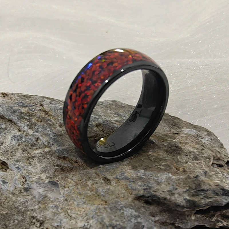 wholesale dropping Hot Selling 6mm 8 mm Red Opal wedding Black steel hammered Dome Black carbide tungsten ring