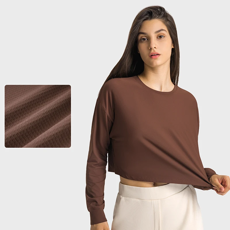 DS124 Hot Sale High Quality Women Jacquard Lightweight Crew Neck Yoga Tops Long Sleeve Crop Top Running T-shirt Sweatshirts