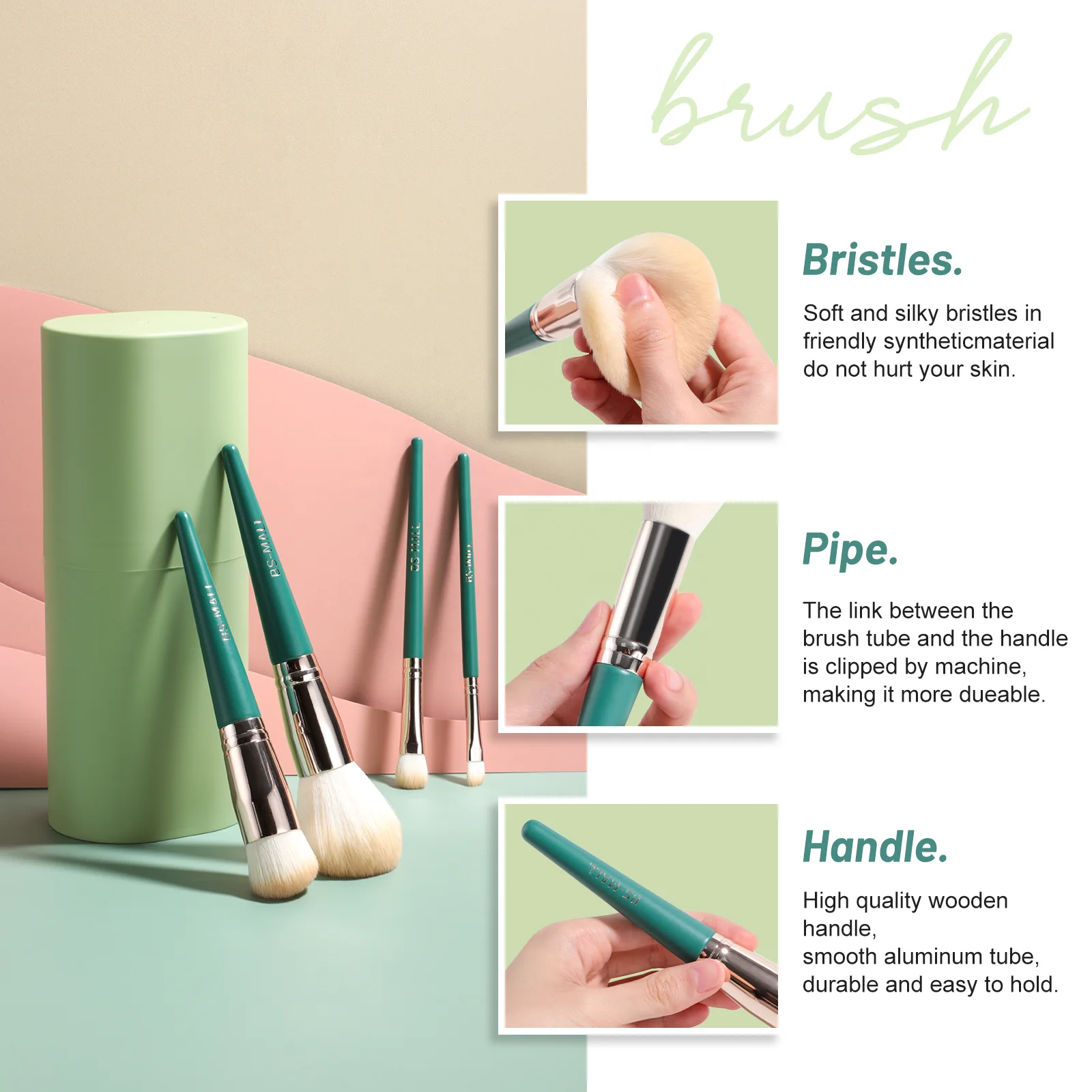 BS-MALL 16 Piece Long Handle Makeup Brushes  Private Label Green Vegan Custom Makeup Brush Packaging Box