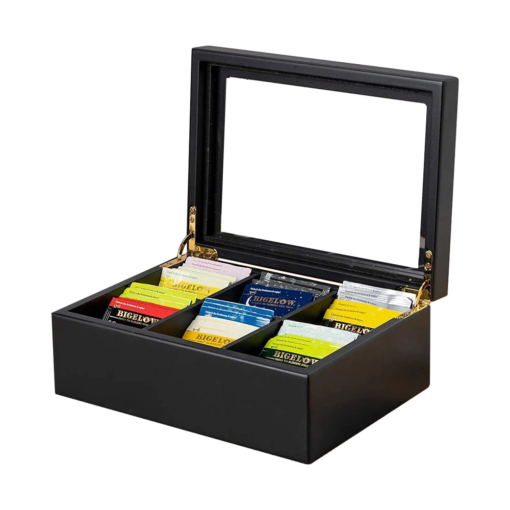 FSC BSCI MDF wholesale packaging tea rectangular cuustom black solid wooden tea bag box organizer for gift with 6 compartments