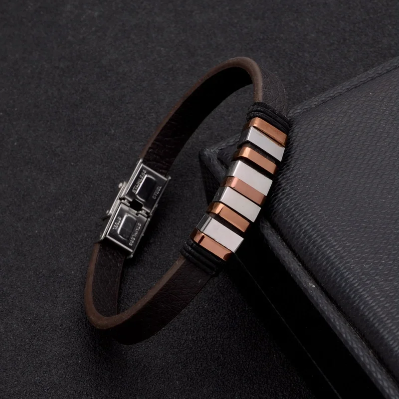 Stainless Steel Two Color Square Beads Black Leather Fret Men Bracelet 2020