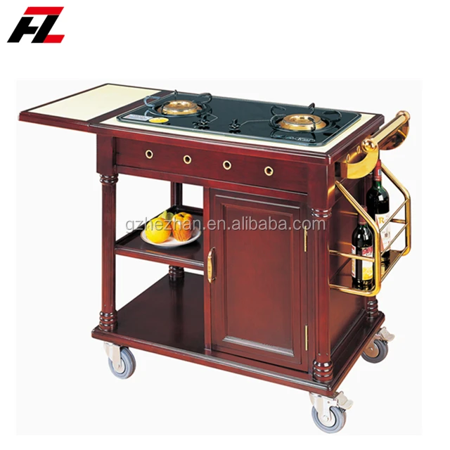 
Luxury Food service Flambe Trolley with double gas stoves and wheels 