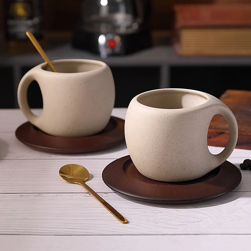 Retro  Advanced Ceramic Coffee Cup Wooden Plate Ceramic Cup Set Wholesale