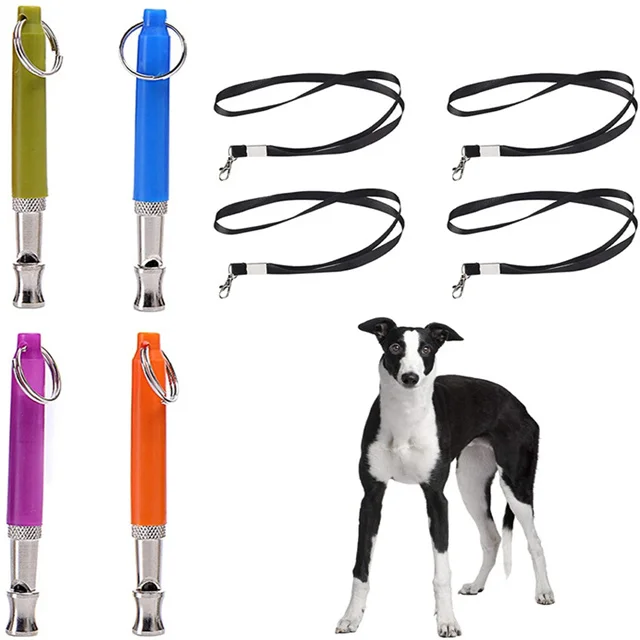 Stainless steel metal dog training whistle sound stop barking training pet dog whistle with 4 black lanyard