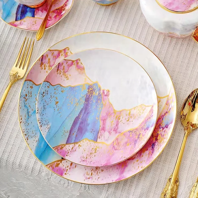 luxury custom printed gold charger plates bone china ceramic plate dinnerware pink gold plate hotel use for wedding