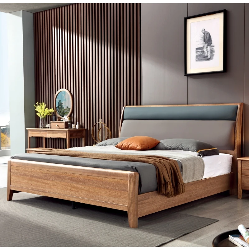 Purple gold sandalwood solid wood bed king size double bed master bedroom modern minimalist soft bag storage bedroom furniture