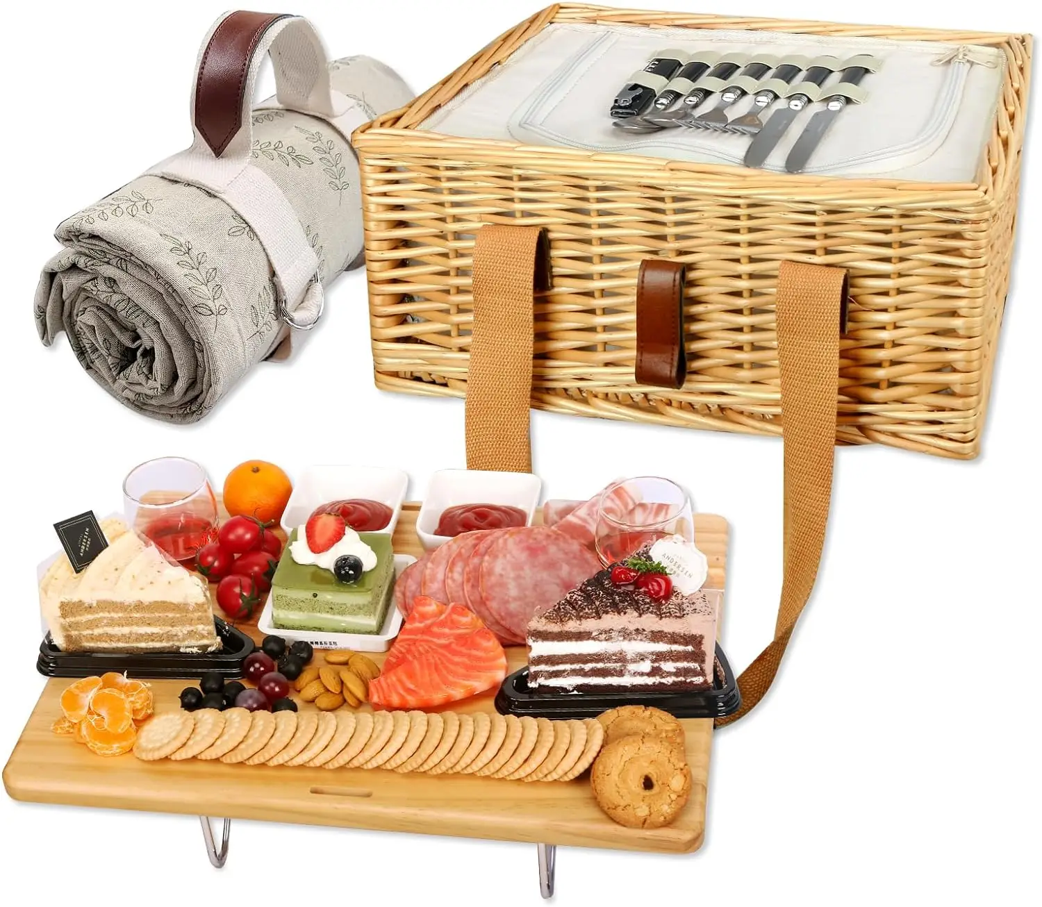 Wicker Picnic Basket for 2 with Mini Folding Wine Picnic Table & Large Insulated Cooler Bag & Cutlery Service Kits for 2 Person