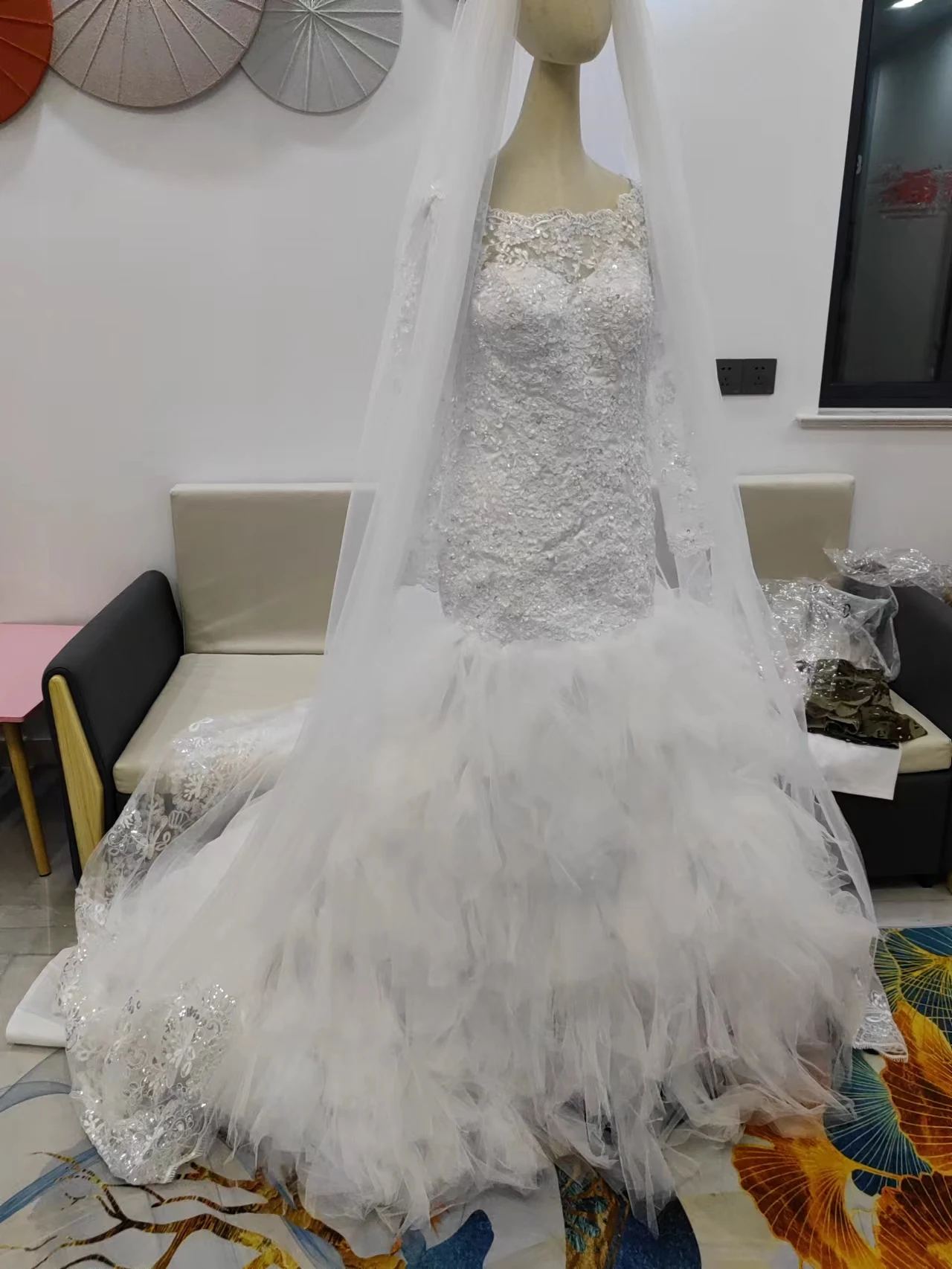 Plus Size African Mermaid Wedding Dresses Women 2022 Half sleeve Tiered Cascading Ruffles Mermaid Dress Bridal Gowns