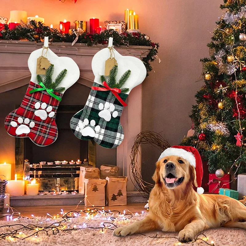 CIVI 2023 New Bone-shaped Christmas Decorations Christmas Dog Paw Fabric Socks Christmas Pet Stocking Gift Bag