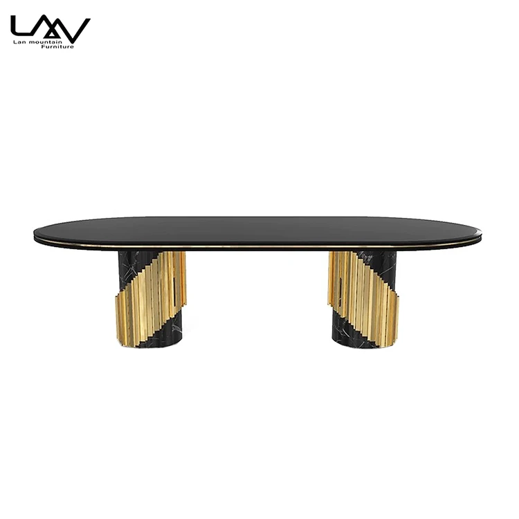High end dining room furniture hotel villa oval dining table and 10 chairs luxury golden frame marble dining room set