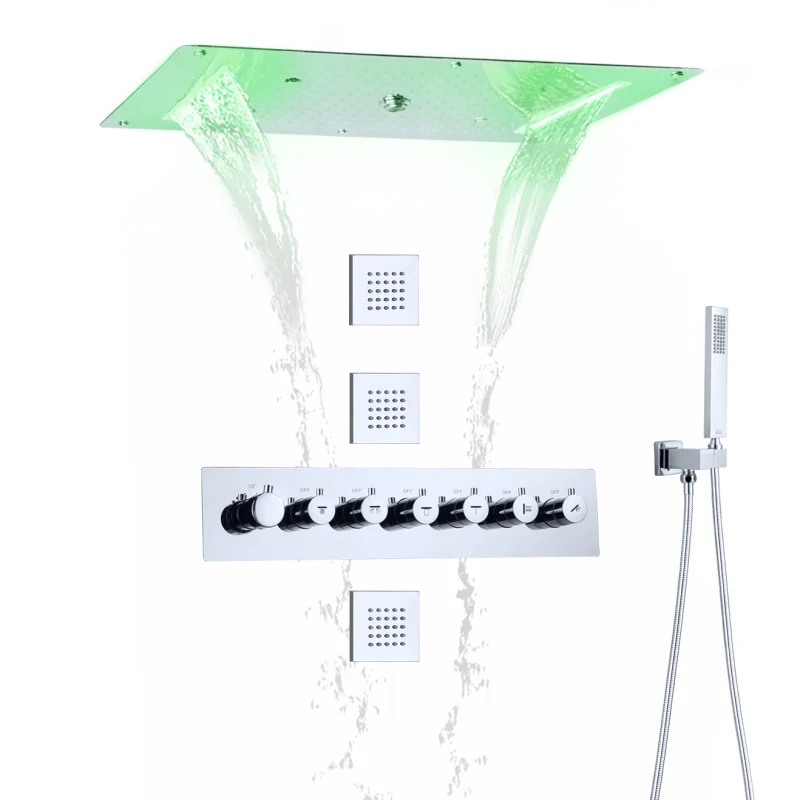 Newest Stainless Steel 6 Way Diverter Mixer Set led Rain Shower Head Hand Held Shower With Body SPA Massage Jets Set