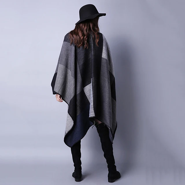 Женские контрастных цветов с отложным воротником, большие размеры кардиган пончо, плащ с капюшоном, открытые спереди и длинное зимнее пальто-свитер